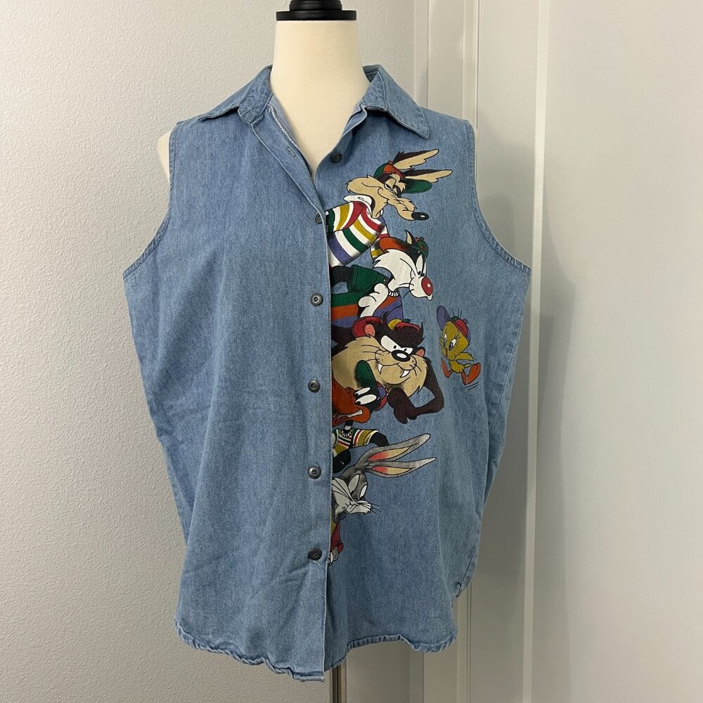 Vintage 90s Large Blue Looney Tunes Button Down Sleeveless Collared Vest - Picture 6 of 12